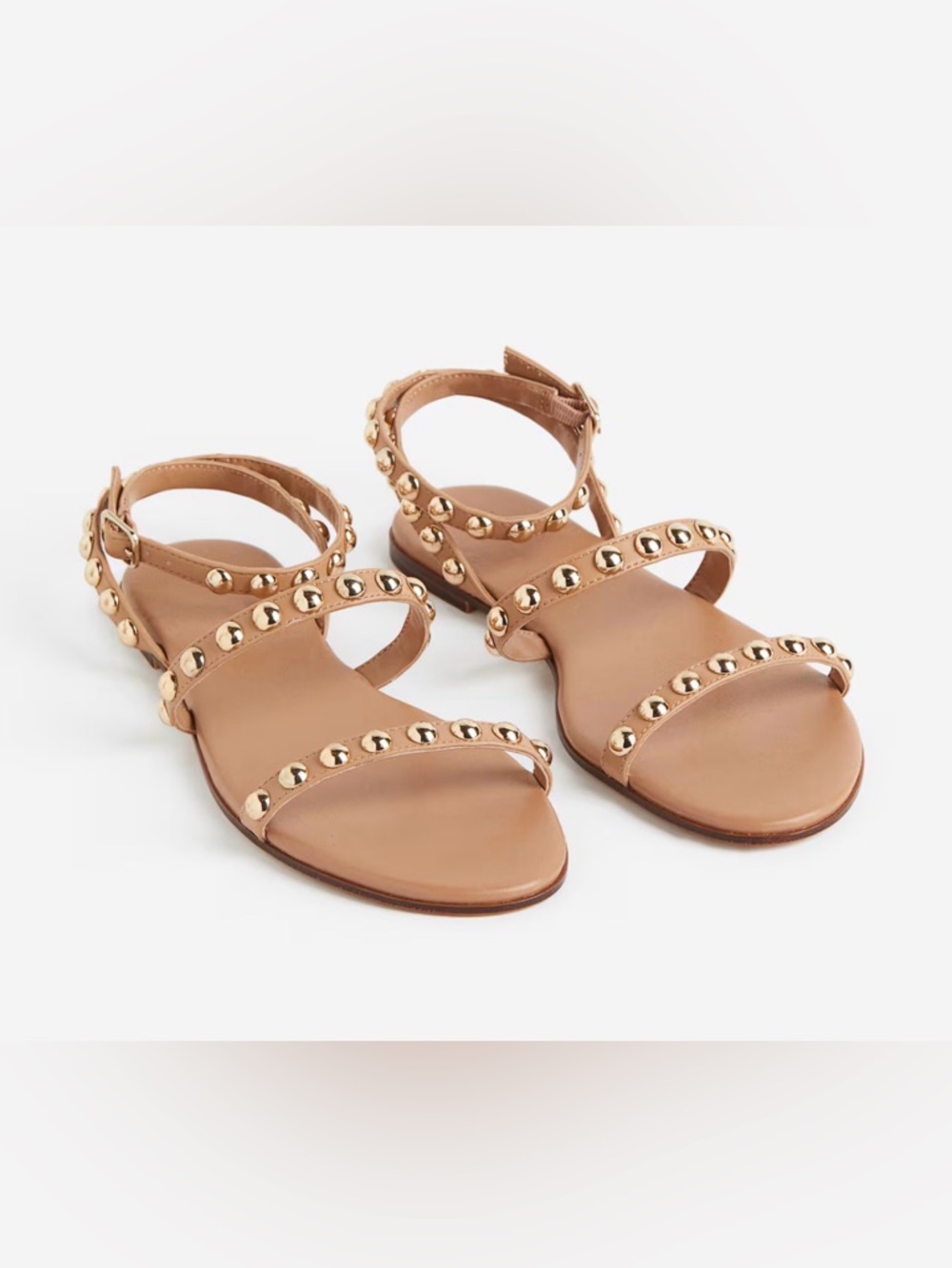 H&M Tan Beige Studded Sandals Gold Round Toe Womens Size 39 8.5 Flats